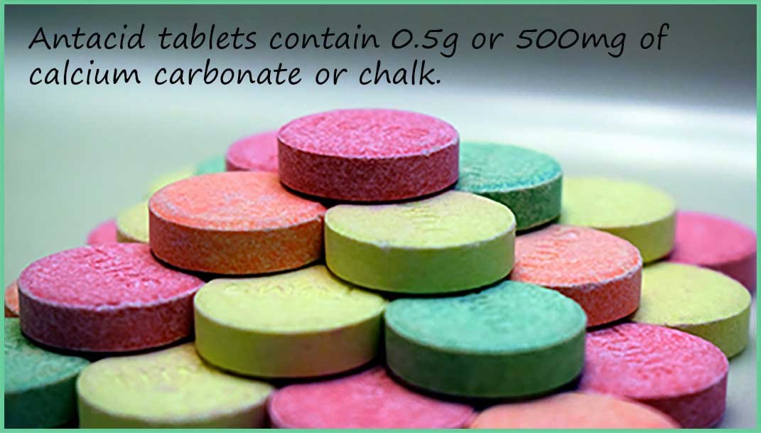 Antacids conatin the base calcium carbonate which will neutralise excess stomach acid.